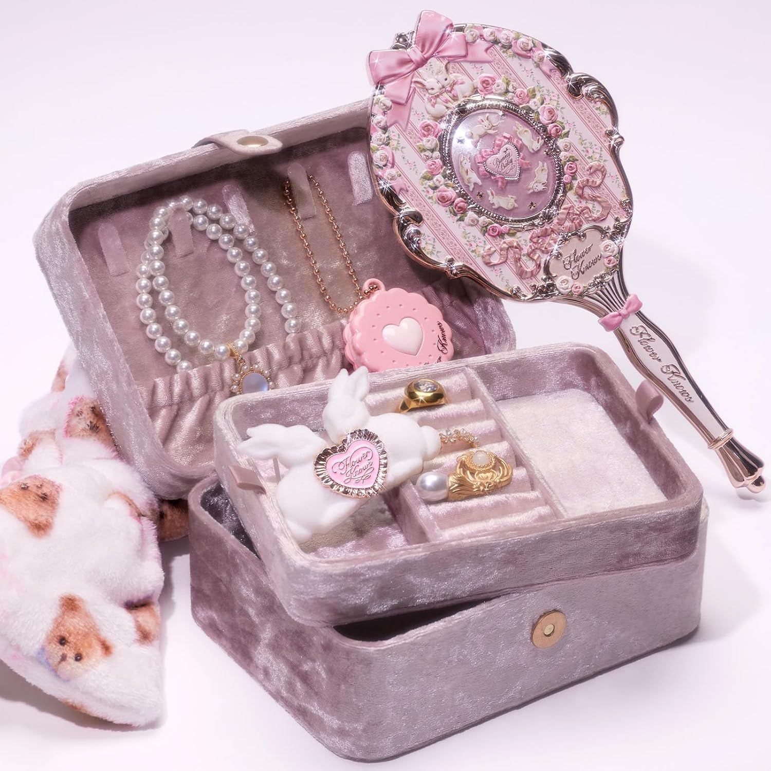 Bunny Garden Chromatic Harmony Gift Set, Sweet Berry Bunny Theme, Collectible Pink 9-Piece Beauty Box with Lip Cream, Blush, Eyeshadow, Gel Eyeliner, Mirror & Tools