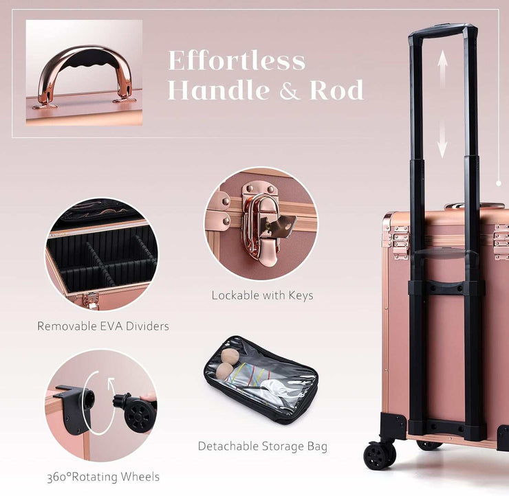 Matte gold rolling makeup case with lockable drawers, detachable wheels, and removable dividers