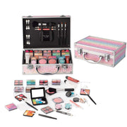 Makeup kit for teen girls with eyeshadow, lip balm, blush, gloss, brushes, pencils, and mirror in rainbow aluminum case