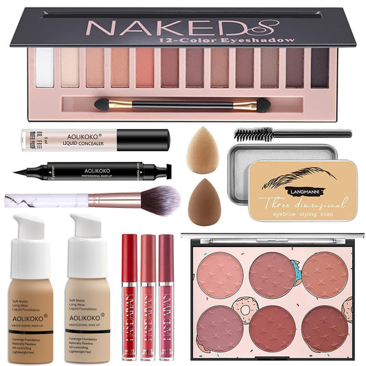 Kit de maquillaje profesional de 12 colores para mujer, sombra de ojos, base, lápiz labial, rubor, pinceles, sello delineador de ojos