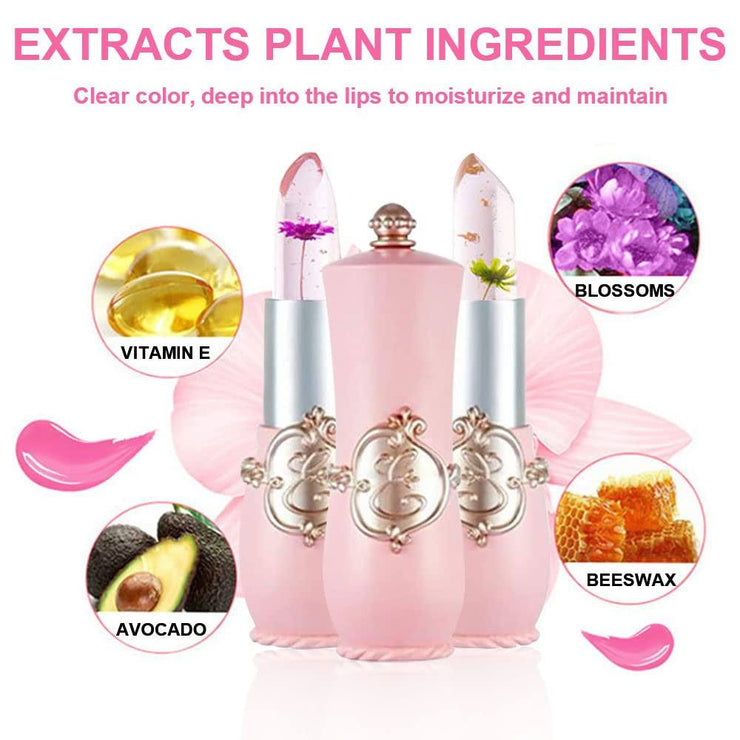 2-pack color changing lipstick with flower jelly design, moisturizing with vitamin E, avocado, beeswax, and blossoms for hydration and long-lasting color