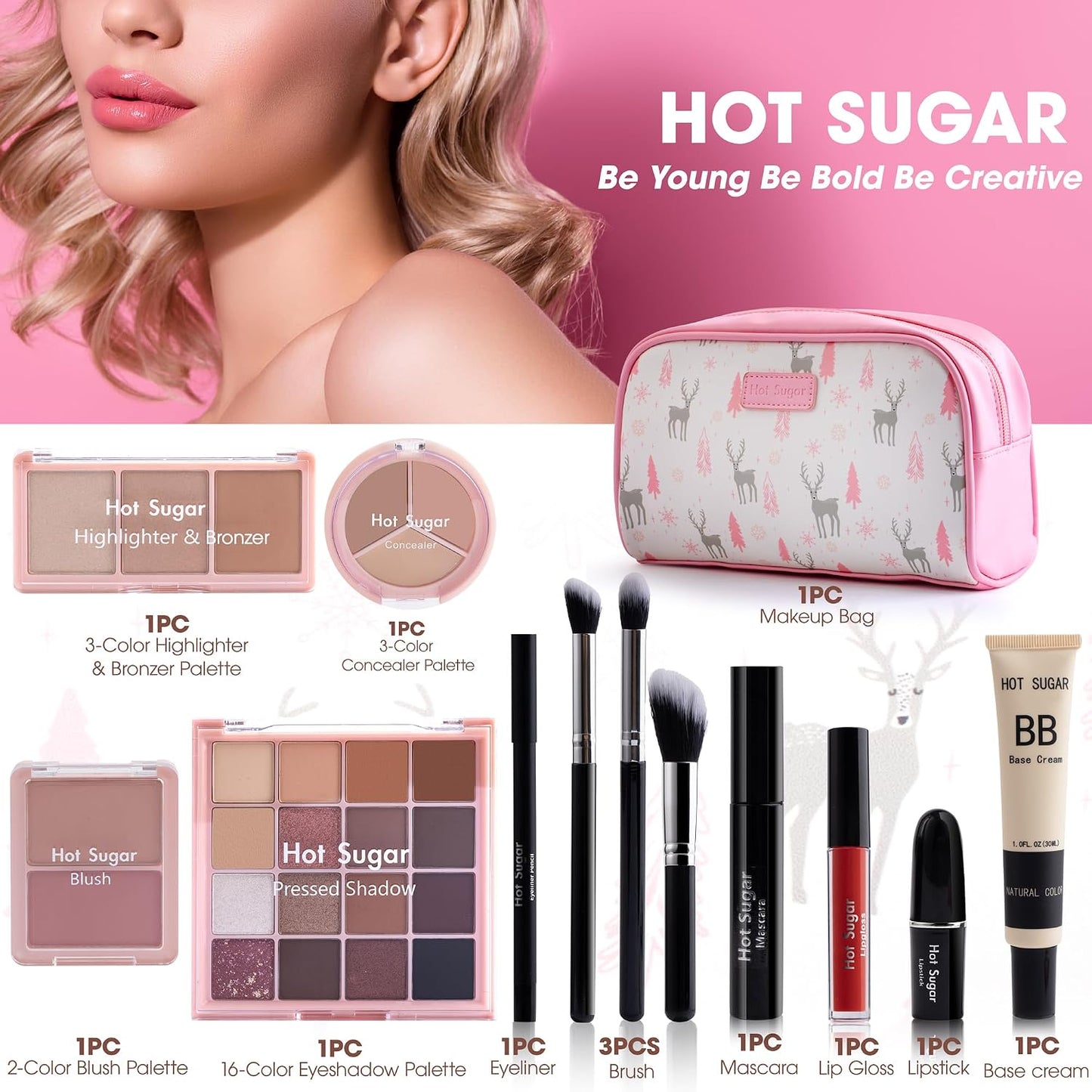 Travel Makeup Kit All in One, Makeup Kit for Women Full Kit, Makeup Gift Set for Beginners and Professionals with Cosmetic Bag (Pink)