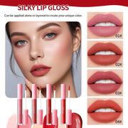 Makeup kit for women featuring silky lip gloss shades applied on model lips for a smooth, layered color finish