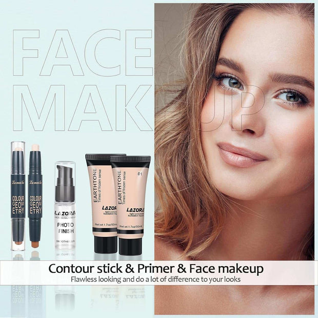 Makeup kit for teens with contour stick, primer, face makeup, and 20-color eyeshadow palette for flawless looks