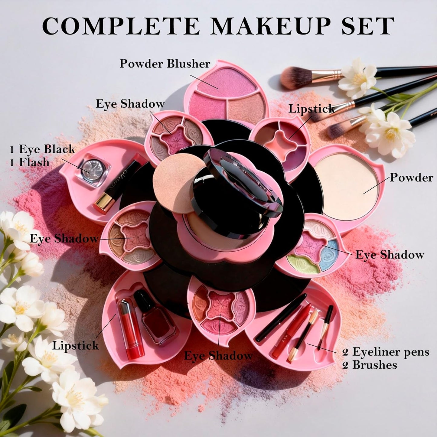 Flower Makeup Kit for Girls - Complete All-In-One Makeup Kit for Teens and Women with 3 Tier Flower Case, 16 Eyeshadows, Lipstick, Blush, Glitter Gift Set - Full Starter Kit for Beginners