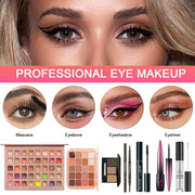 All-in-One Makeup Kit with eyeshadow palettes, mascara, eyebrow pencils, eyeliner, and professional eye makeup tools for women and teens