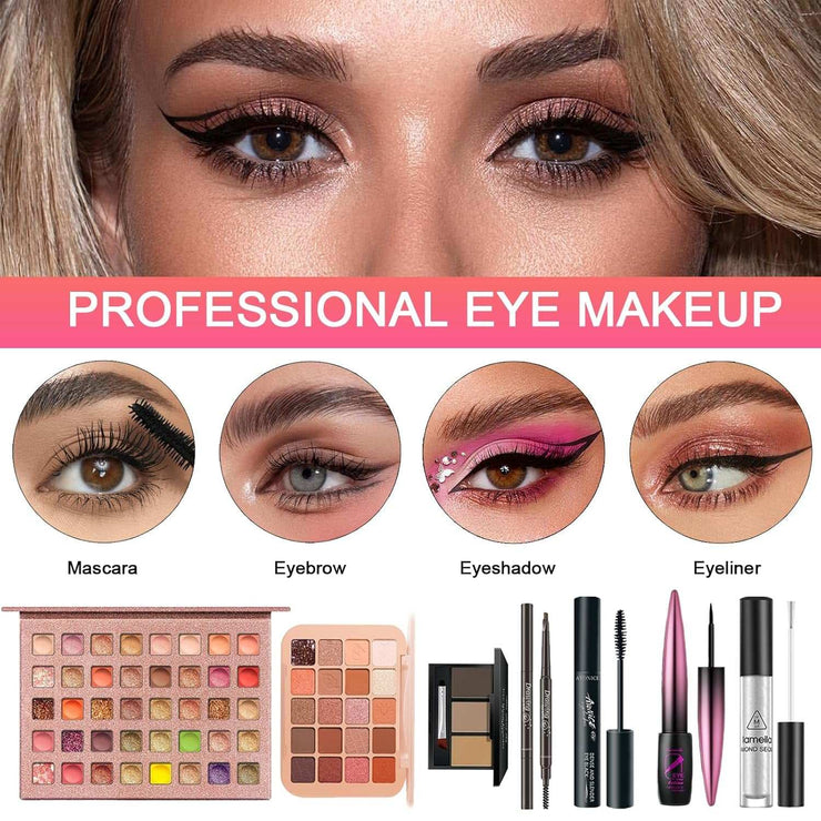 All-in-One Makeup Kit with eyeshadow palettes, mascara, eyebrow pencils, eyeliner, and professional eye makeup tools for women and teens
