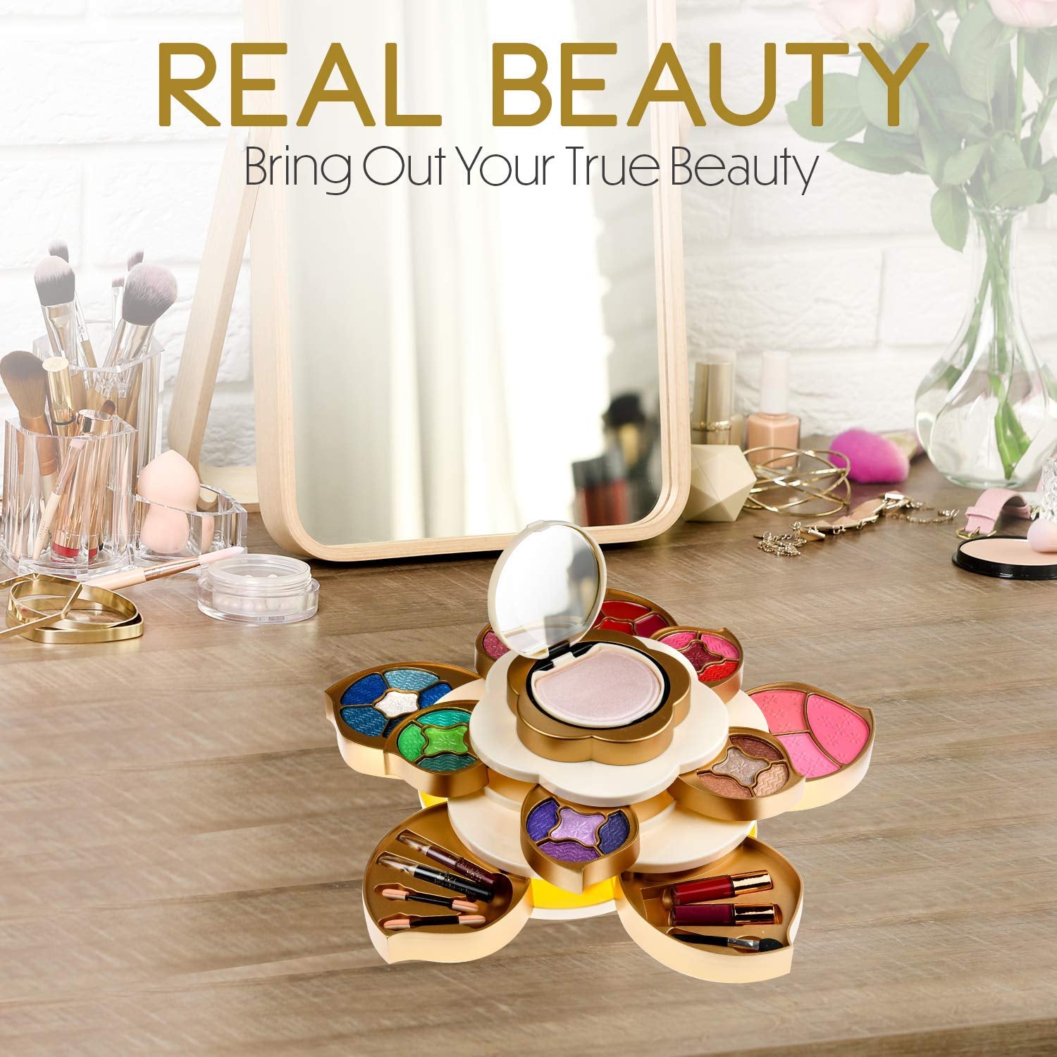 All in One Makeup Kit for Teens and Women - Flower Makeup Set for Girls 10-12 - Pigmented Eyeshadows, Lip Creams, Blushes, Concealer and Mirror - Full Starter Makeup Gift Set for Beginners