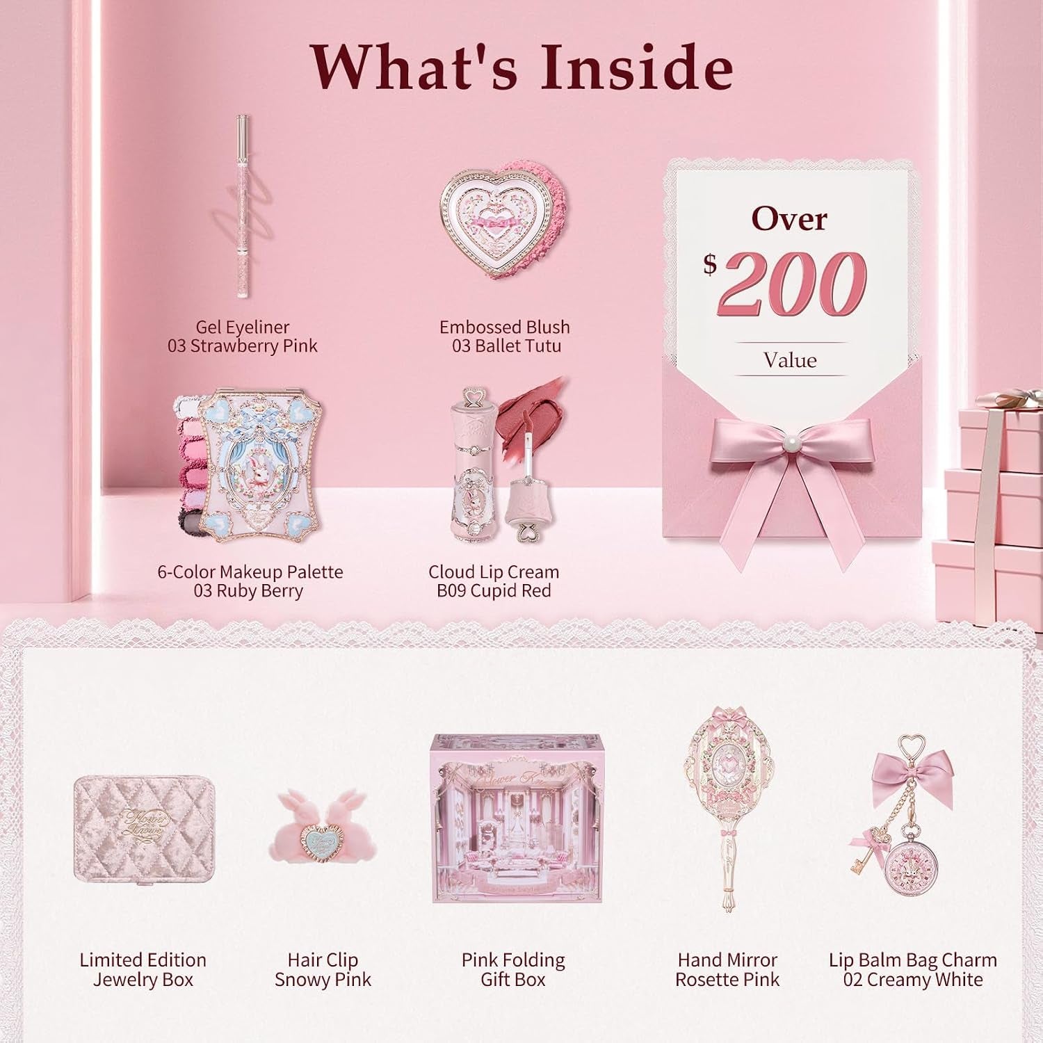 Bunny Garden Chromatic Harmony Gift Set, Sweet Berry Bunny Theme, Collectible Pink 9-Piece Beauty Box with Lip Cream, Blush, Eyeshadow, Gel Eyeliner, Mirror & Tools