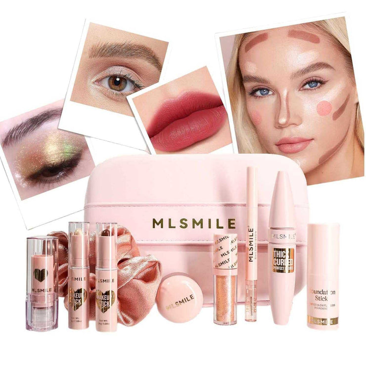 Makeup gift set with lipstick, contour, highlighter, eyeshadow, mascara, foundation, eyebrow pencil, lip mud, hair tie, and makeup bag for teens and women
