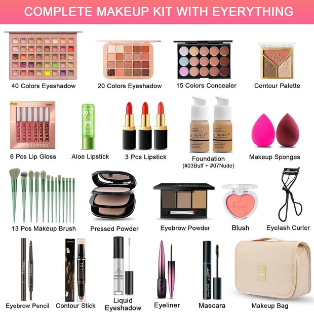 All-in-One Makeup Kit with eyeshadow palettes, concealer, foundation, lipsticks, brushes, and accessories in a travel bag