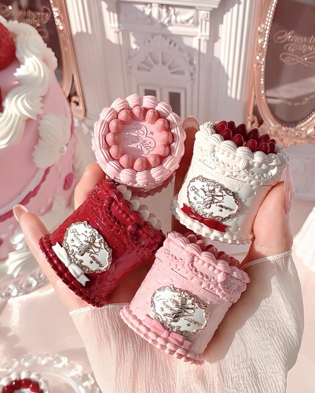 Cake Charm Set,Strawberry Cupid 12-Piece Makeup Gift Box Set,Lip Cream+Liquid Blush+Makeup Palette+Hand Mirror+Solid Perfume+Hair Clip+Cushion Powder Puff+Eyeshadow Brush+Gift Box
