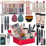 Makeup kit for teens with 20-color eyeshadow palette, eyeliners, lipsticks, brushes, and foundation in a gift box