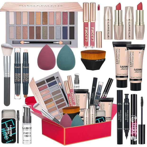 Makeup kit for teens with 20-color eyeshadow palette, eyeliners, lipsticks, brushes, and foundation in a gift box