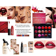 All-in-One Makeup Kit featuring liquid matte lipstick, foundation, concealer, eyeshadow, and lip palette for versatile beauty looks