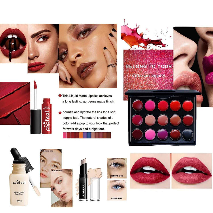 All-in-One Makeup Kit featuring liquid matte lipstick, foundation, concealer, eyeshadow, and lip palette for versatile beauty looks