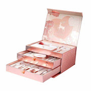 Pink 20-piece makeup set box with drawers containing lipstick, eyeshadow, and skincare products for women gift set
