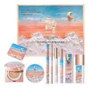 Flower and Four Seasons makeup set with eyeshadow, air powder, lipsticks, and concealer in artistic box packaging