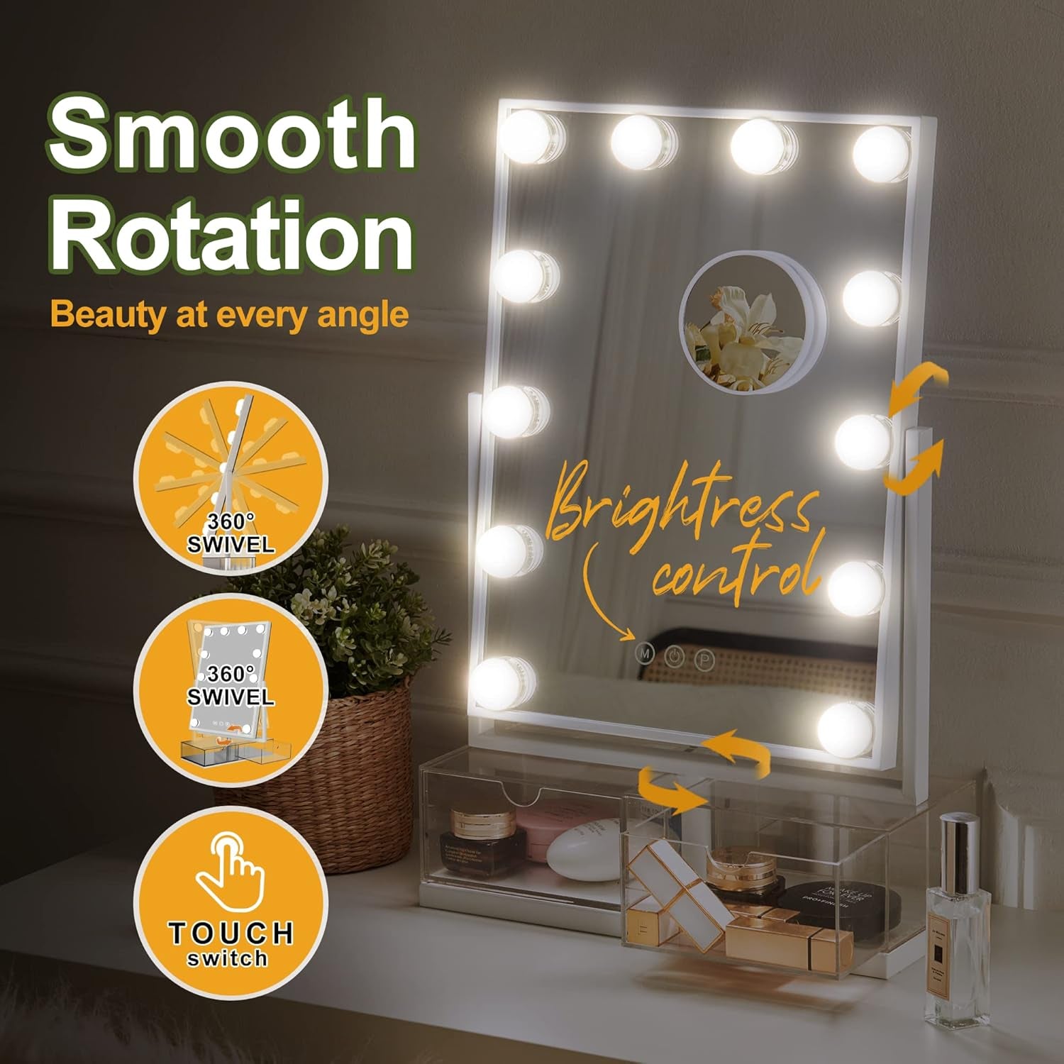 Makeup Vanity Mirror with Lights, Hollywood Makeup Mirror with Dimmable 12 LED Lights, Smart Touch with 3 Colors Adjustment and Rotation-Free