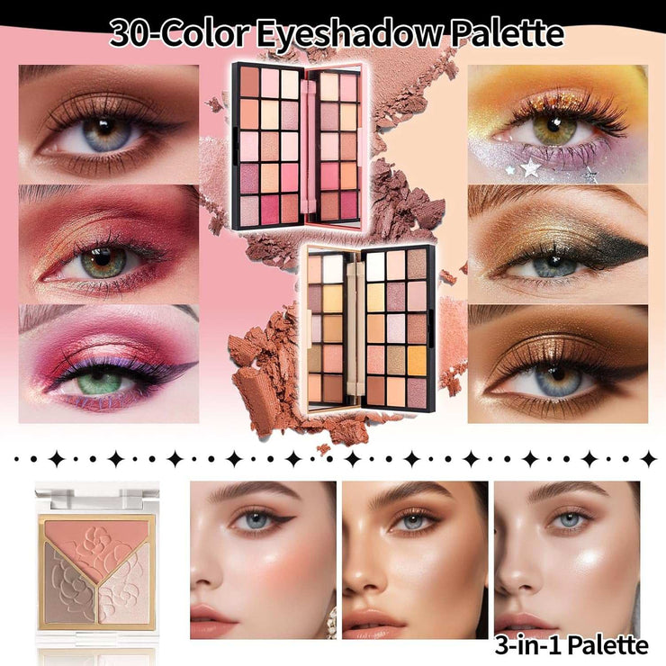 Makeup kit for women featuring 30-color eyeshadow palettes, blush, contour, highlighter, and lip gloss set for full face makeup looks
