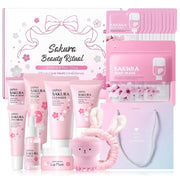 Sakura Skincare Set for Teen Girls & Women, 32PCS Face Care Kit with Cherry Blossom Essence, Serum, Cleanser, Lip Mask, Mud Mask & More