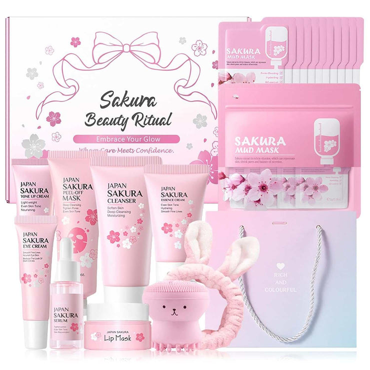 Sakura Skincare Set for Teen Girls & Women, 32PCS Face Care Kit with Cherry Blossom Essence, Serum, Cleanser, Lip Mask, Mud Mask & More