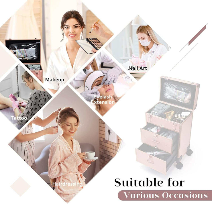 Matte gold rolling makeup case with drawers, locks, and detachable wheels for professional travel and cosmetic organization
